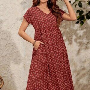 Red Floral Print Dress, Casual Short Sleeve V Neck Dress